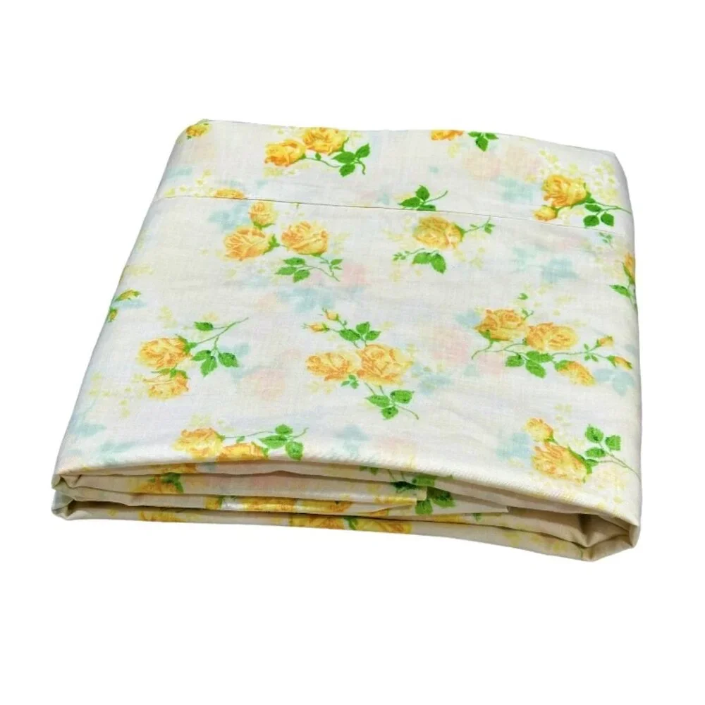 Vintage Dan River Dantrel Full Size Yellow Rose Floral Flat Sheet Muslin Cottage